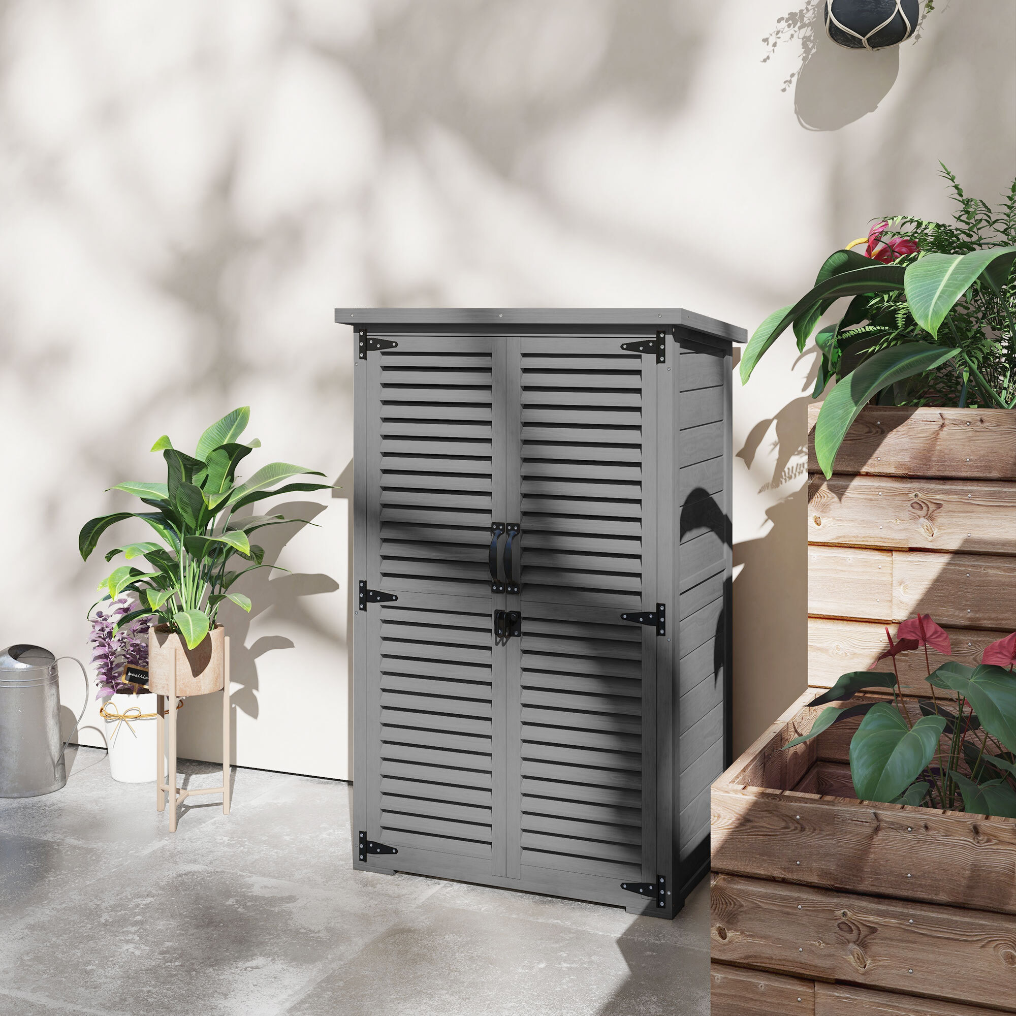 Armoire de jardin  2 portes persiennes 2 étagères toit bitumé bois gris