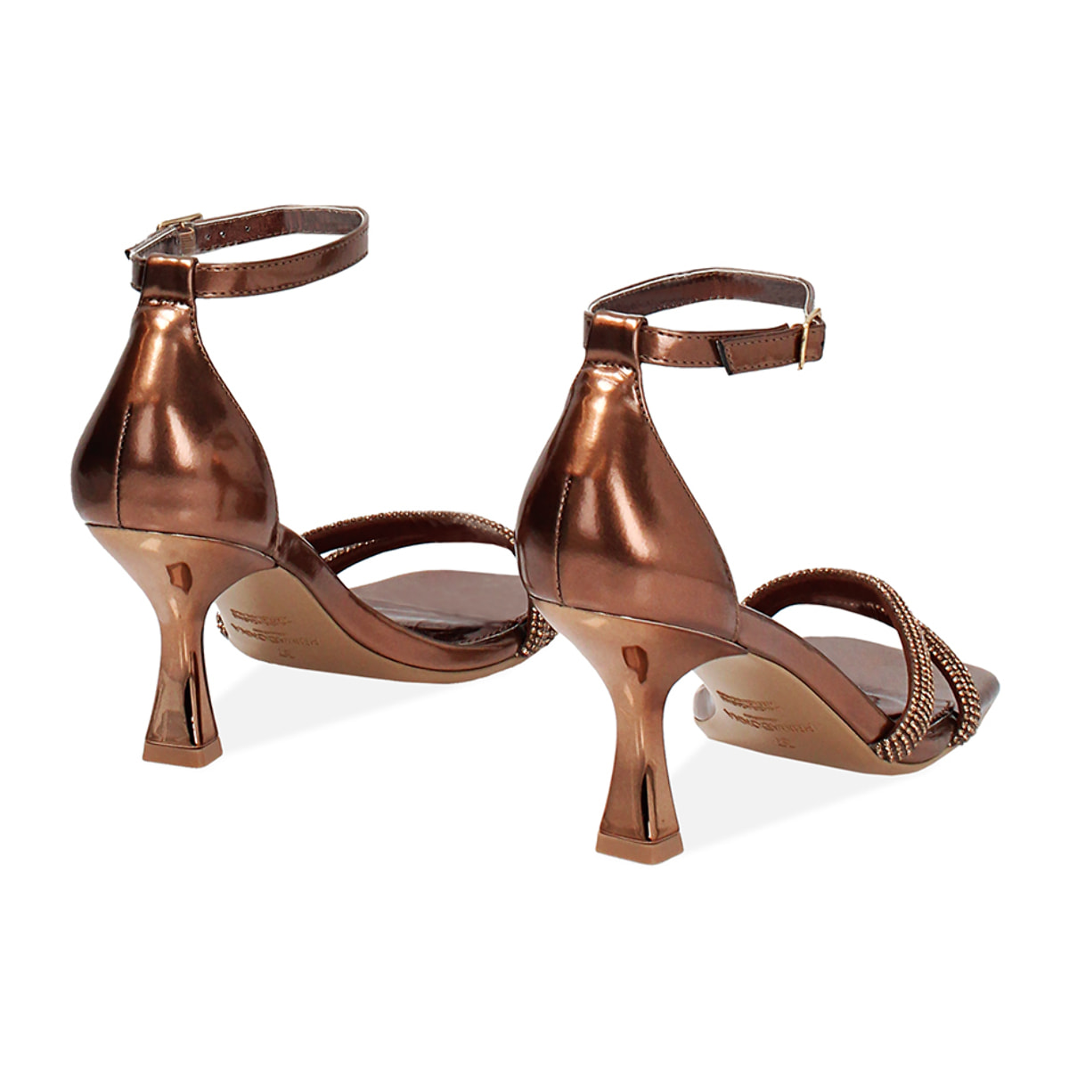 Sandali donna rame in laminato con pietre, tacco 7,5 cm