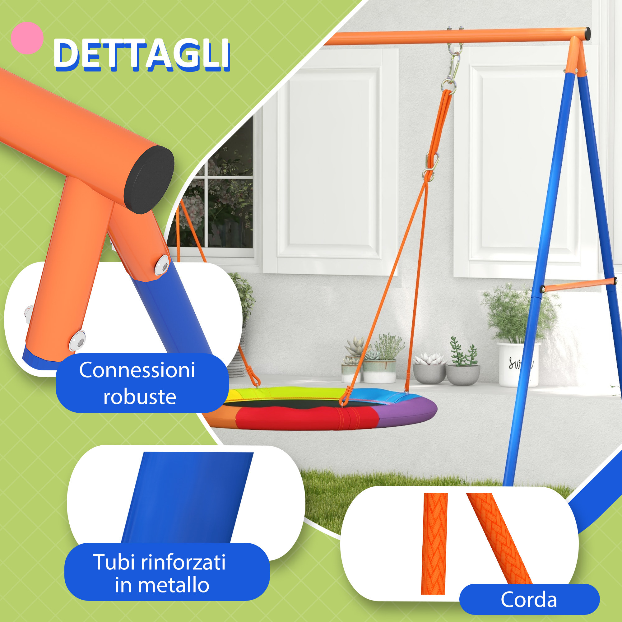 Outsunny Altalena da Giardino a Nido per 1-2 Bambini in Metallo Rinforzato, 196x172x180cm, Multicolore