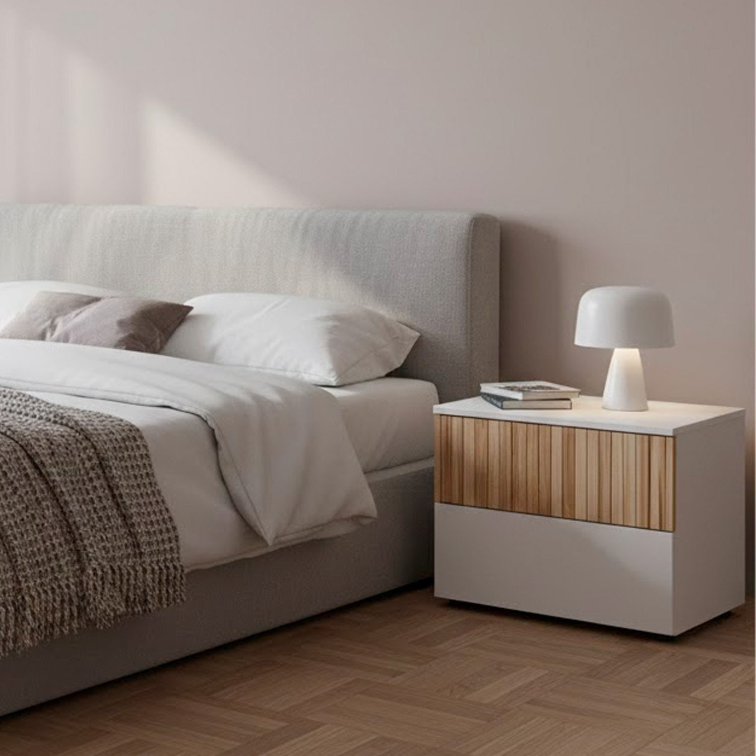 Comodino Con 2 Cassetti Stile Nordico Mobiletto Per Camera Da Letto Moderna Mobile Design Scandinavo Salvaspazio 50 x 41.5 x 34 Cm Bianco E Rovere