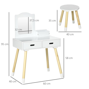 Tocador para Niñas de 3-6 Años con Taburete Espejo y 2 Cajones 60x40x95cm Blanco