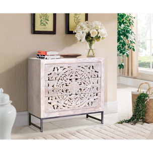 Cómoda de Madera de Mango 80 Cm Estilo Étnico Boho Tallado