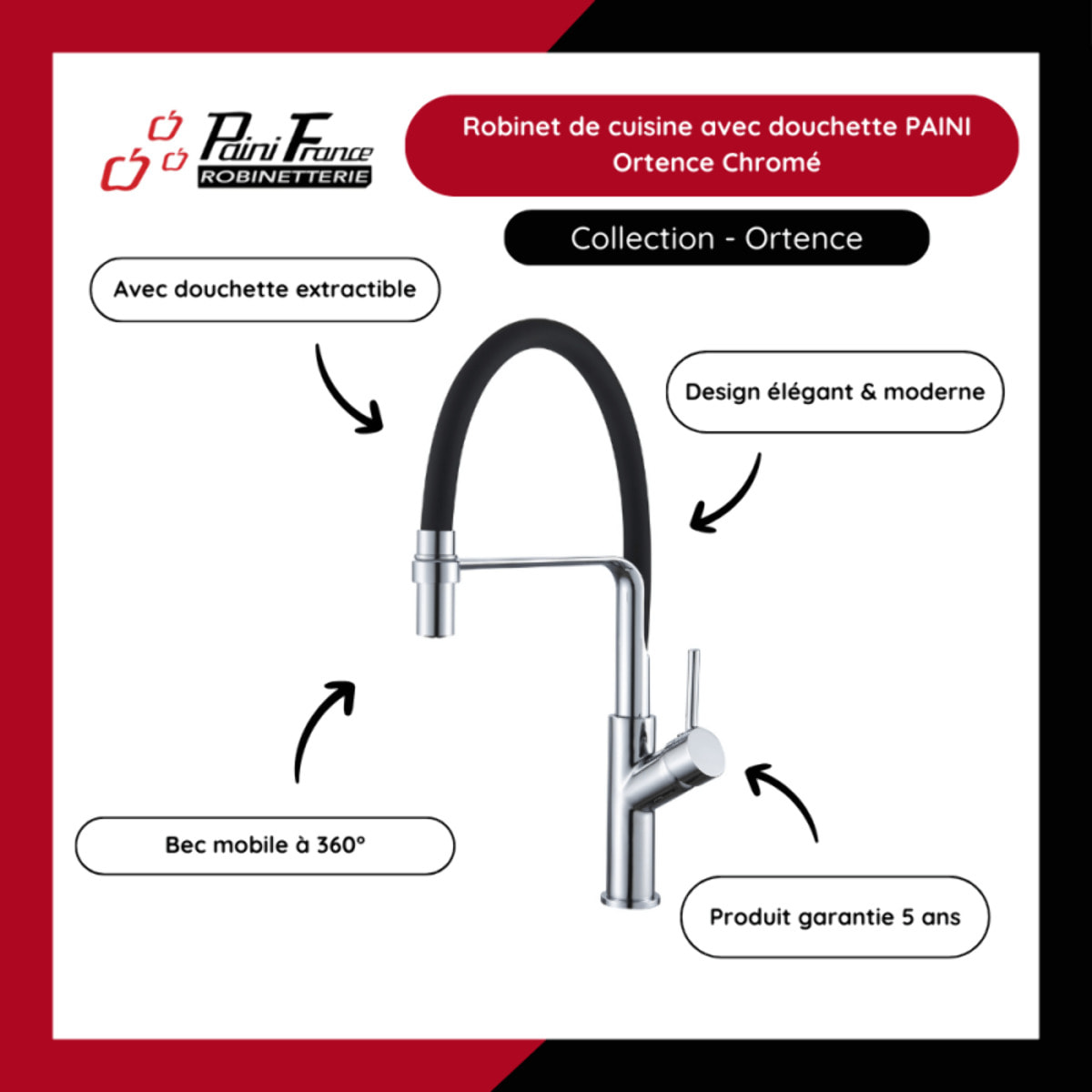Robinet de cuisine avec douchette PAINI Ortence chromé