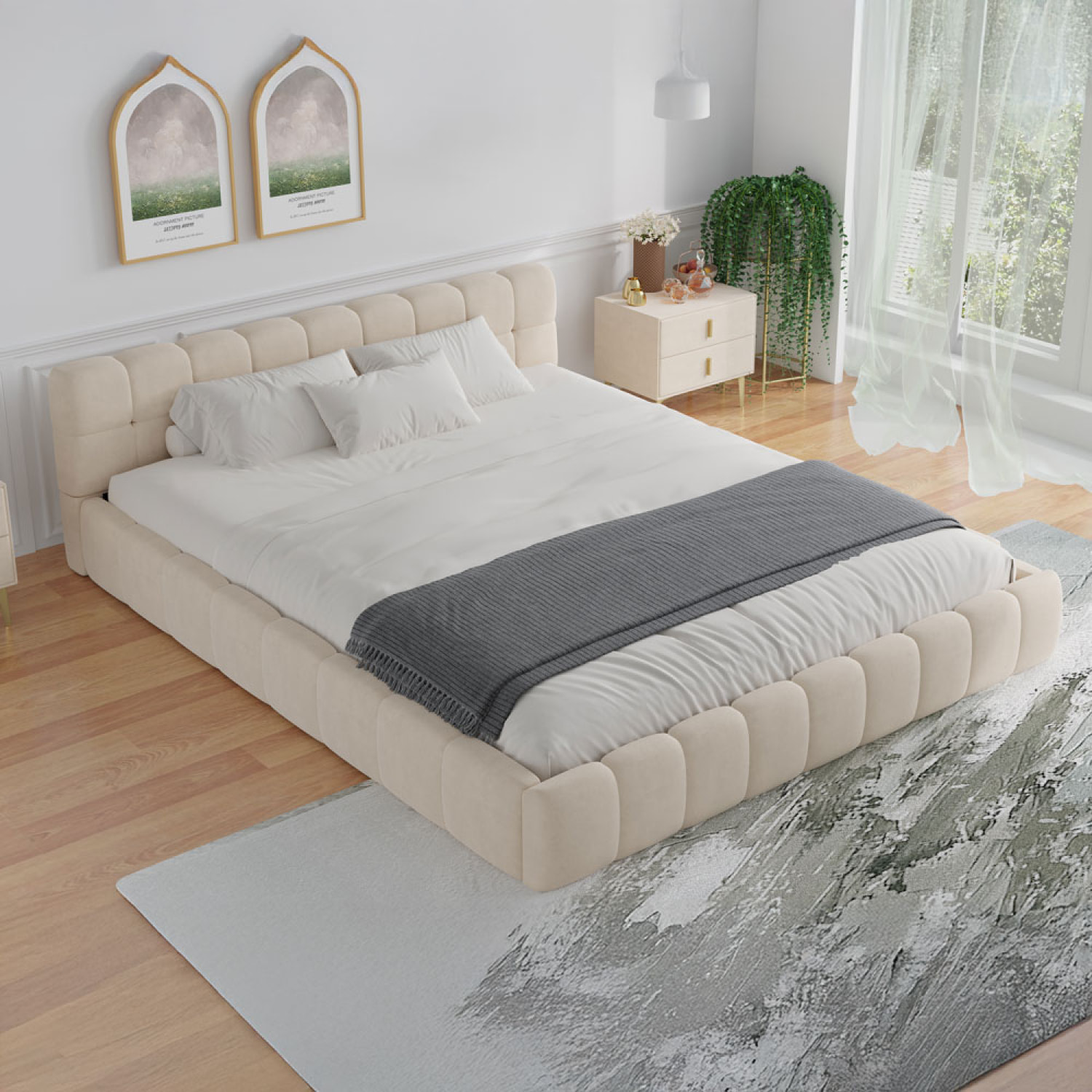 Lit style nuage 160x200cm en velours beige PRINCETON