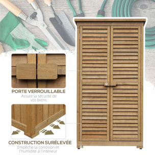 Armoire de jardin abri jardin remise pour outils sur pied 2 étagères portes persiennes toit bitumé étanche bois sapin pré-huilé