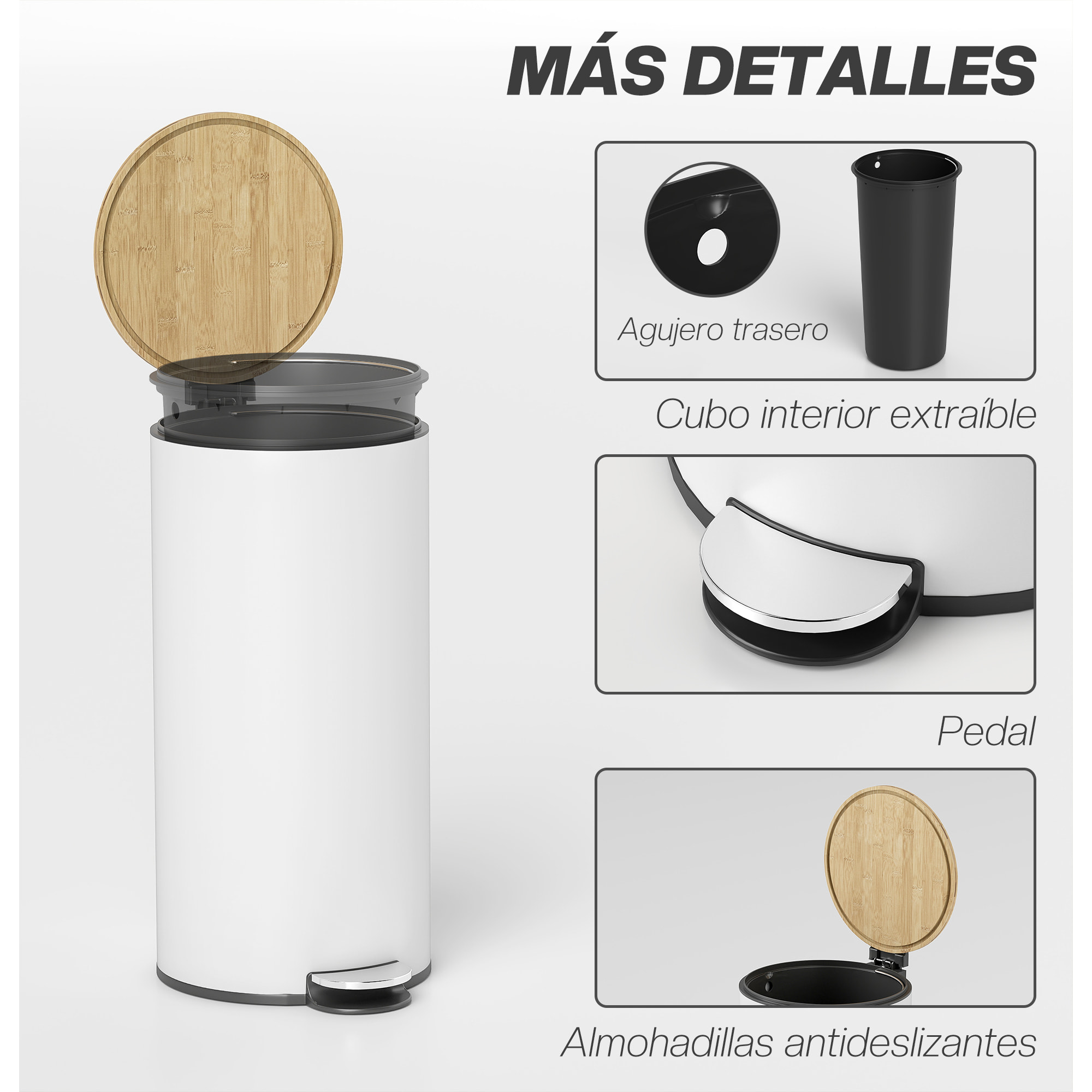 Cubo de Basura Cocina con Pedal, 30L, Papelera de Cocina Metálico con Tapa de Cierre Suave y Cubo Extraíble, para Dormitorio, Oficina, Estudio y Salón, 36x30x60,5 cm, Blanco y Madera Natural