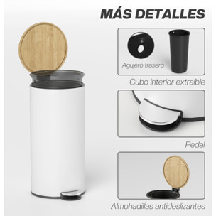 Cubo de Basura Cocina con Pedal, 30L, Papelera de Cocina Metálico con Tapa de Cierre Suave y Cubo Extraíble, para Dormitorio, Oficina, Estudio y Salón, 36x30x60,5 cm, Blanco y Madera Natural