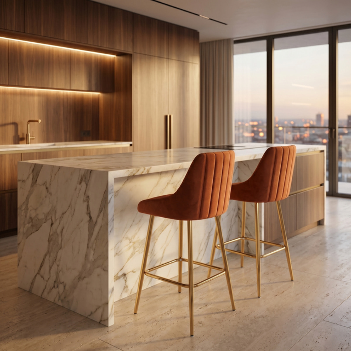 Sgabello Alto Imbottito in Effetto Velluto con Schienale e Poggiapiedi, Design Moderno per Penisola, Isola Cucina, Bancone Bar e Snack