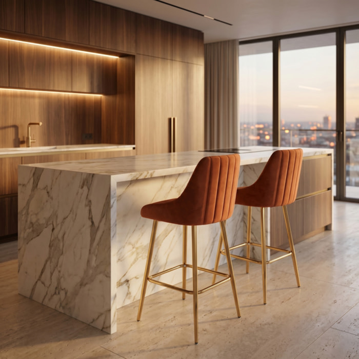 Sgabello Alto Imbottito in Effetto Velluto con Schienale e Poggiapiedi, Design Moderno per Penisola, Isola Cucina, Bancone Bar e Snack