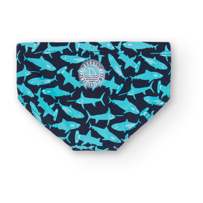 Bañador slip niño estampado, tiburones, azul marino