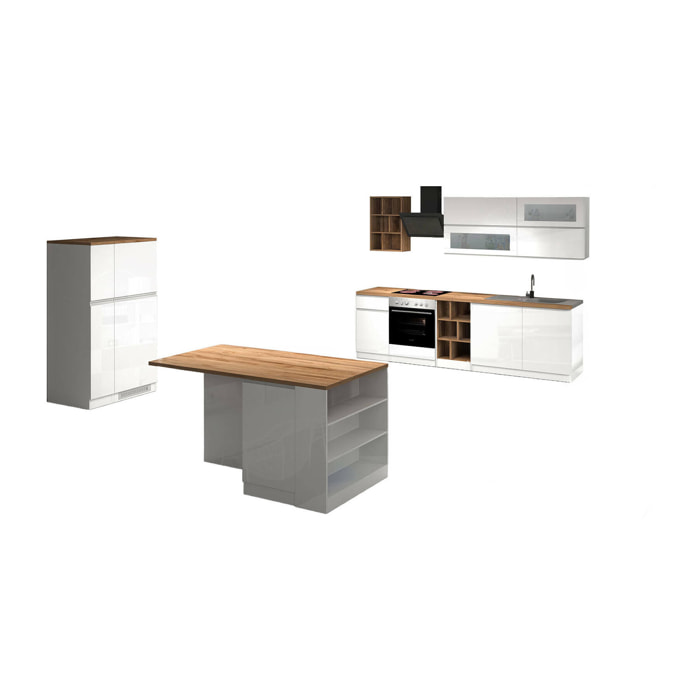 Cucina completa Daquilant, Set da cucina modulabile, Cucina componibile con più elementi, 100% Made in Italy, Bianco lucido e Rovere