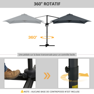 Parasol déporté carré inclinable pivotant 360° manivelle piètement acier dim. 2,95L x 2,95l x 2,66H m gris