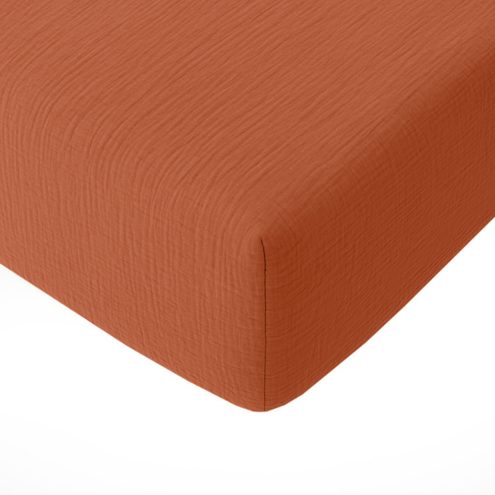 Drap housse bonnet:30cm 100% gaze de coton lavé safran minéral
