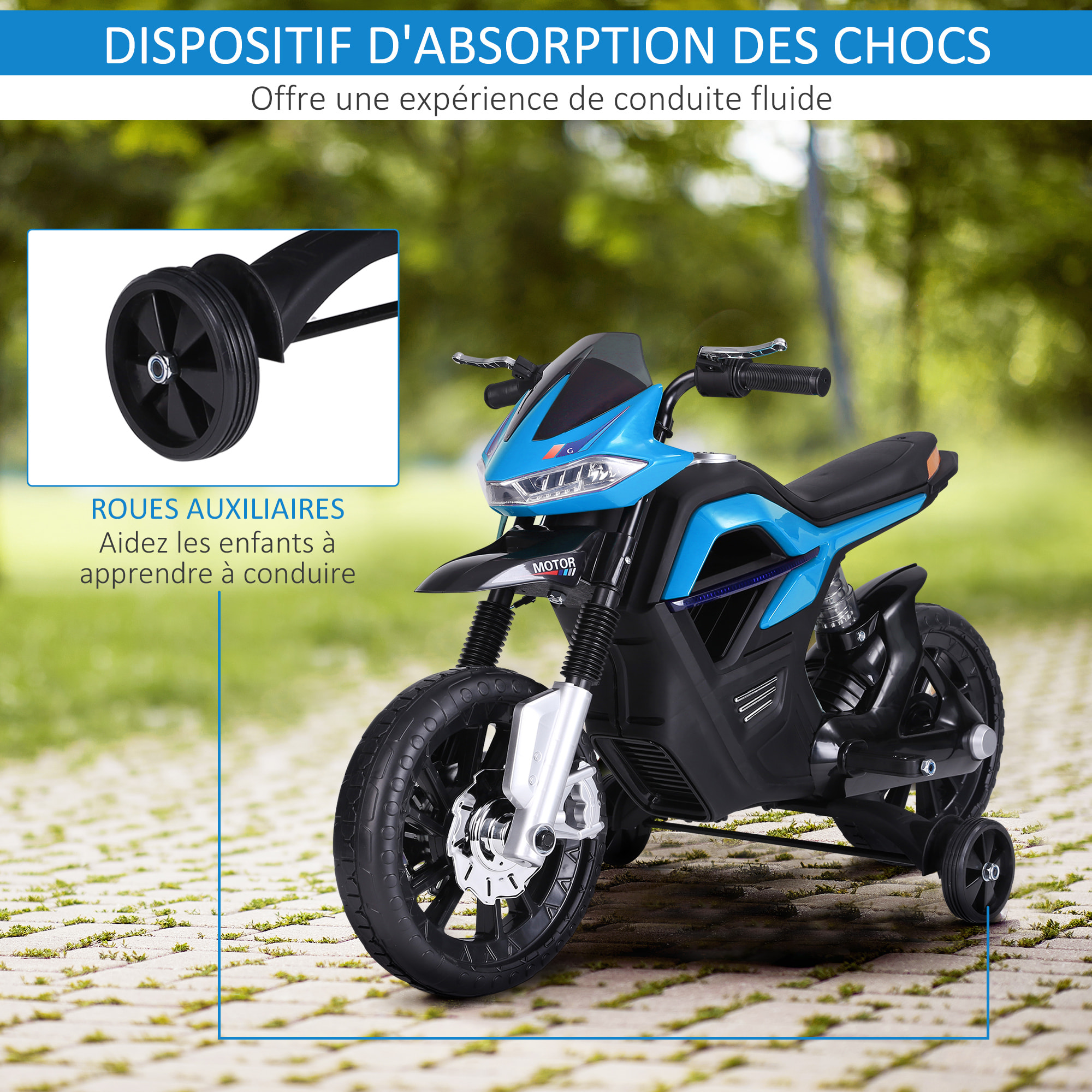 Moto électrique pour enfants 25 W 6 V 3 Km/h effets lumineux et sonores roulettes amovibles bleu