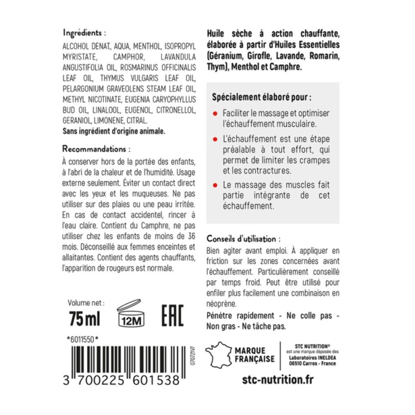 STC NUTRITION - Spray Chauffant Tonifiant - Facilite L'Échauffement Musculaire - Aide à Prévenir les Crampes & les Contractures - Huiles Essentielles + Menthol + Camphre - Vegan - Spray 75ml