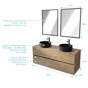 Meuble Salle de Bains 140 TIMBER Décor Chêne 4 Tiroirs - Vasques à Poser Noires - 2 Miroirs 60x80