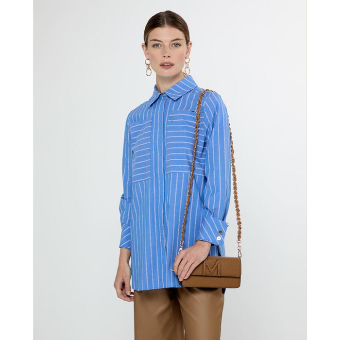 Camicia diritta in popeline a righe con tasche frontali