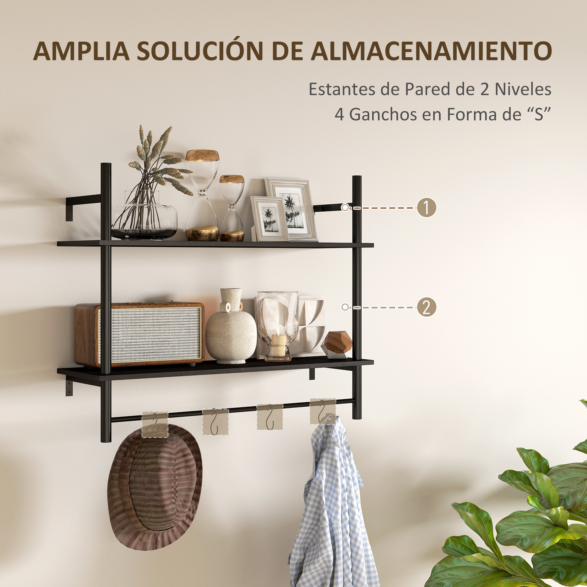 Estante de Pared de 2 Niveles Estante Flotante Repisas de Pared con 4 Ganchos 2 Estantes y Marco de Acero para Entrada Salón Dormitorio 80x24x65 cm Negro