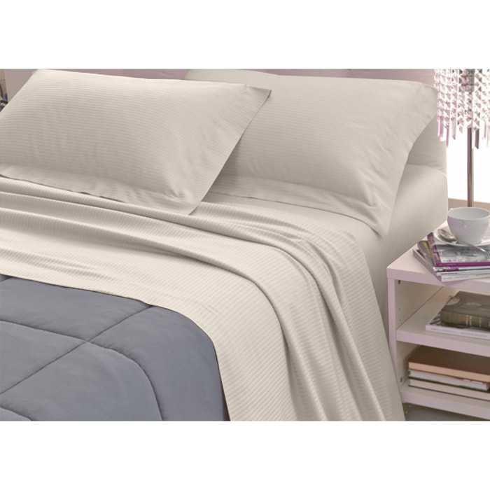 Completo Lenzuola 100% Raso Cotone Rigato 5mm Tinta Unita Beige