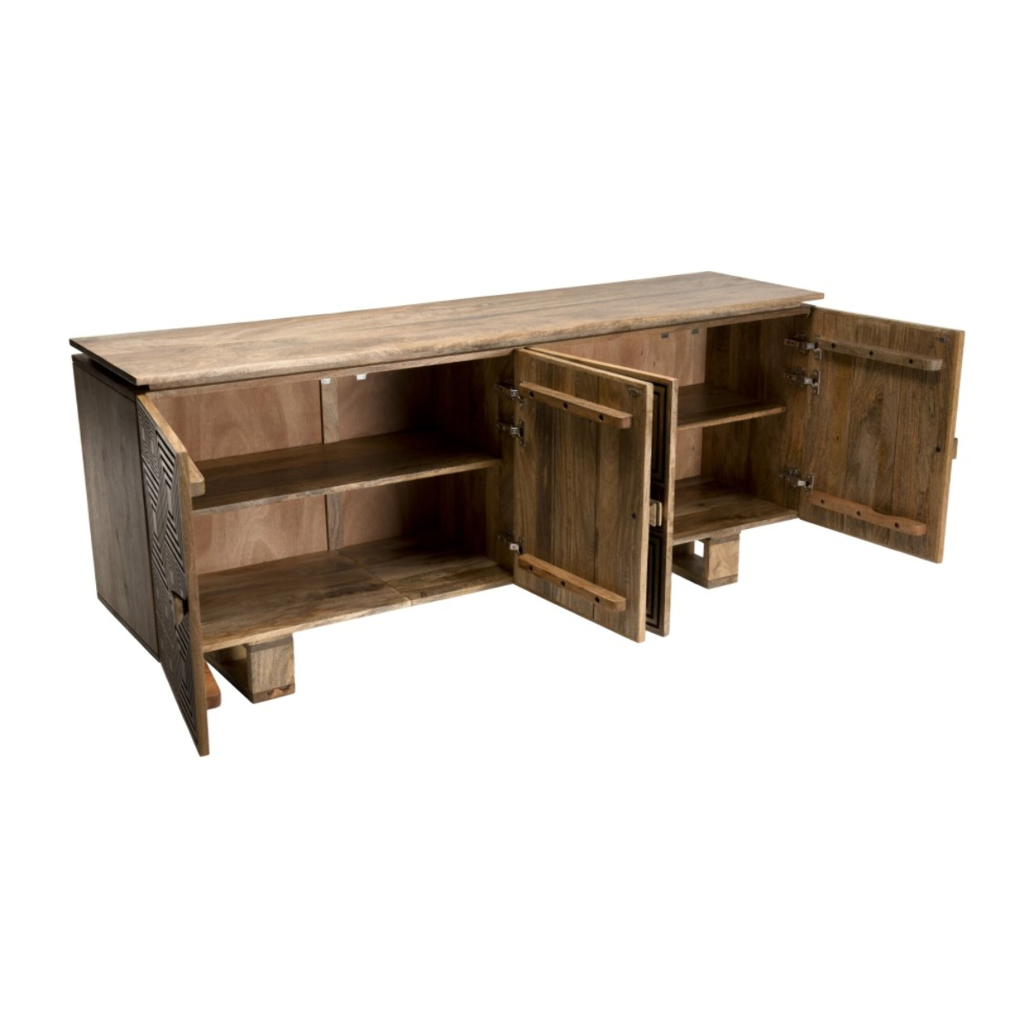 INDRA - Buffet bois Manguier 177x45cm 4 portes 2 étagères motifs noirs Goa