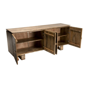 INDRA - Buffet bois Manguier 177x45cm 4 portes 2 étagères motifs noirs Goa