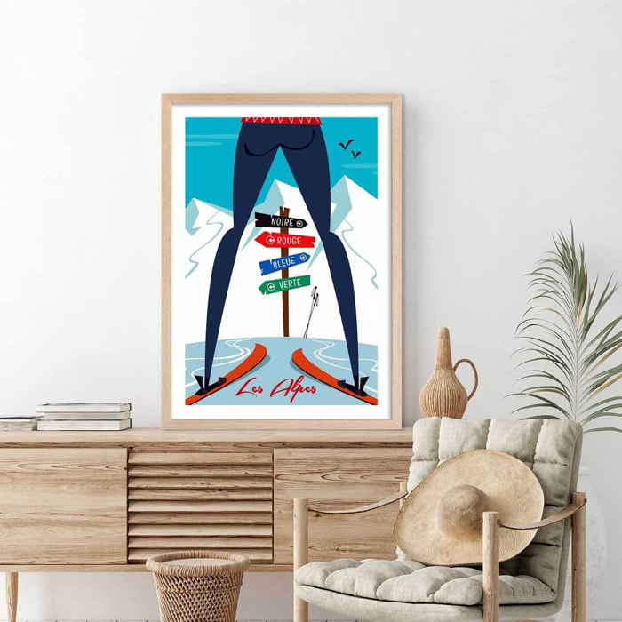 Poster retro piste noire…ou verte! Affiche + cadre en bois - Chêne