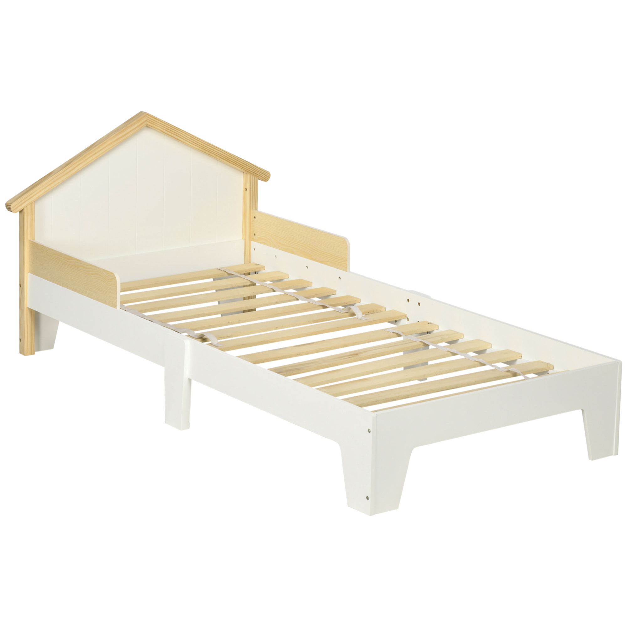 Lit enfant design maison dim. 90 x 190 cm - structure lit avec tête de lit et sommier à lattes inclus - bois pin MDF blanc aspect bois clair