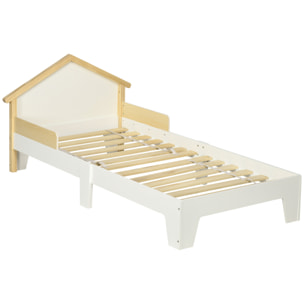 Lit enfant design maison dim. 90 x 190 cm - structure lit avec tête de lit et sommier à lattes inclus - bois pin MDF blanc aspect bois clair