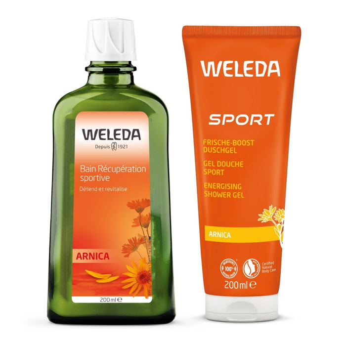 WELEDA - Pack Hygiène - Bain Récupération Sportive Arnica + Gel Douche Sport Arnica - Vegan* - Certifié Natrue** - Flacon en verre 200ml + Tube 200ml