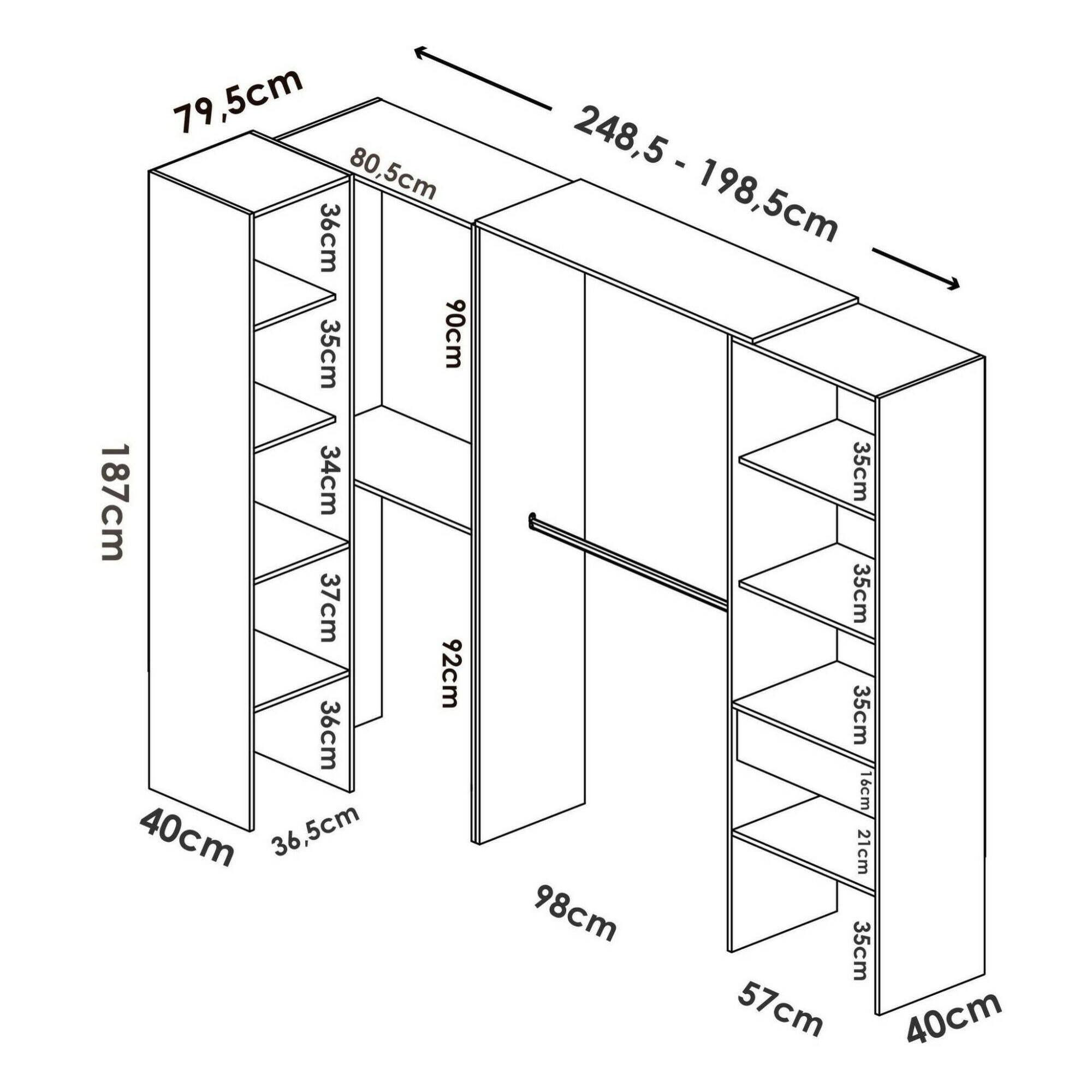 Guardaroba Arera, Struttura per cabina armadio angolare, Mobile appendiabiti aperto ad angolo, 248x79h187 cm, Rovere