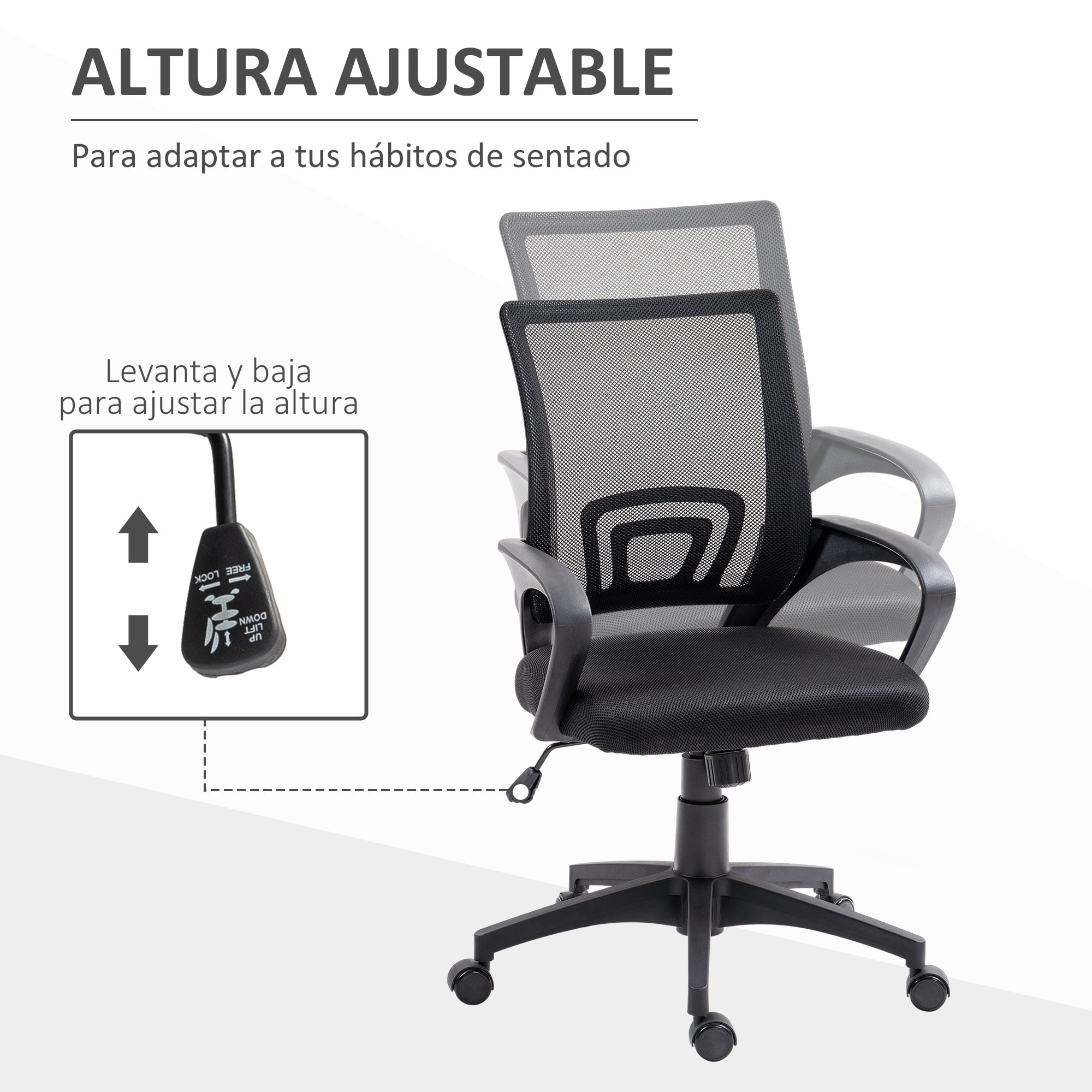 Silla de Oficina de Malla Silla de Escritorio Giratoria con Altura Ajustable Función de Basculante Soporte Lumbar y Reposabrazos Silla para Estudio Carga 120 kg Negro