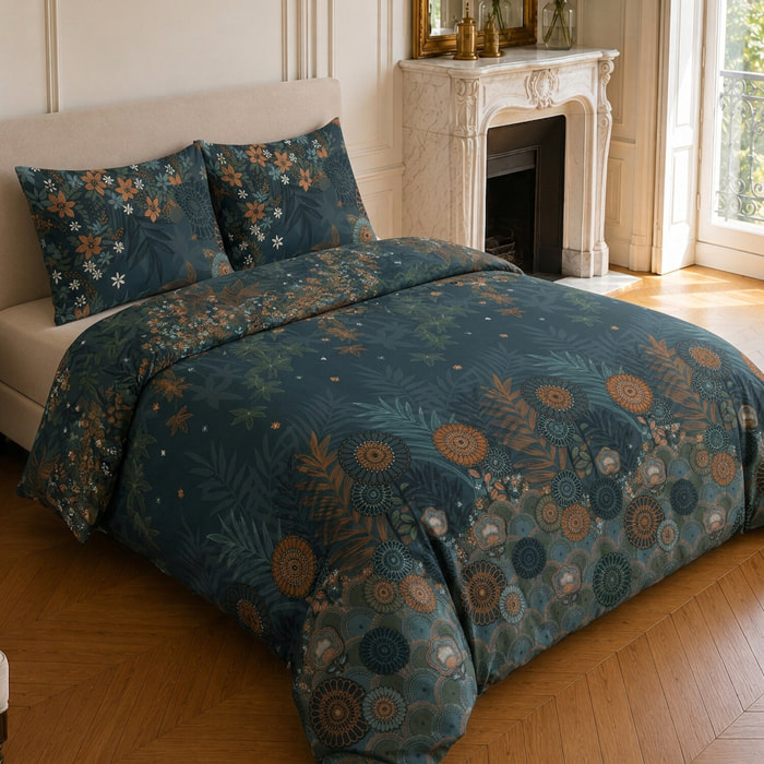 Parure housse de couette 100% microfibre motif floral - FLOWER NIGHT