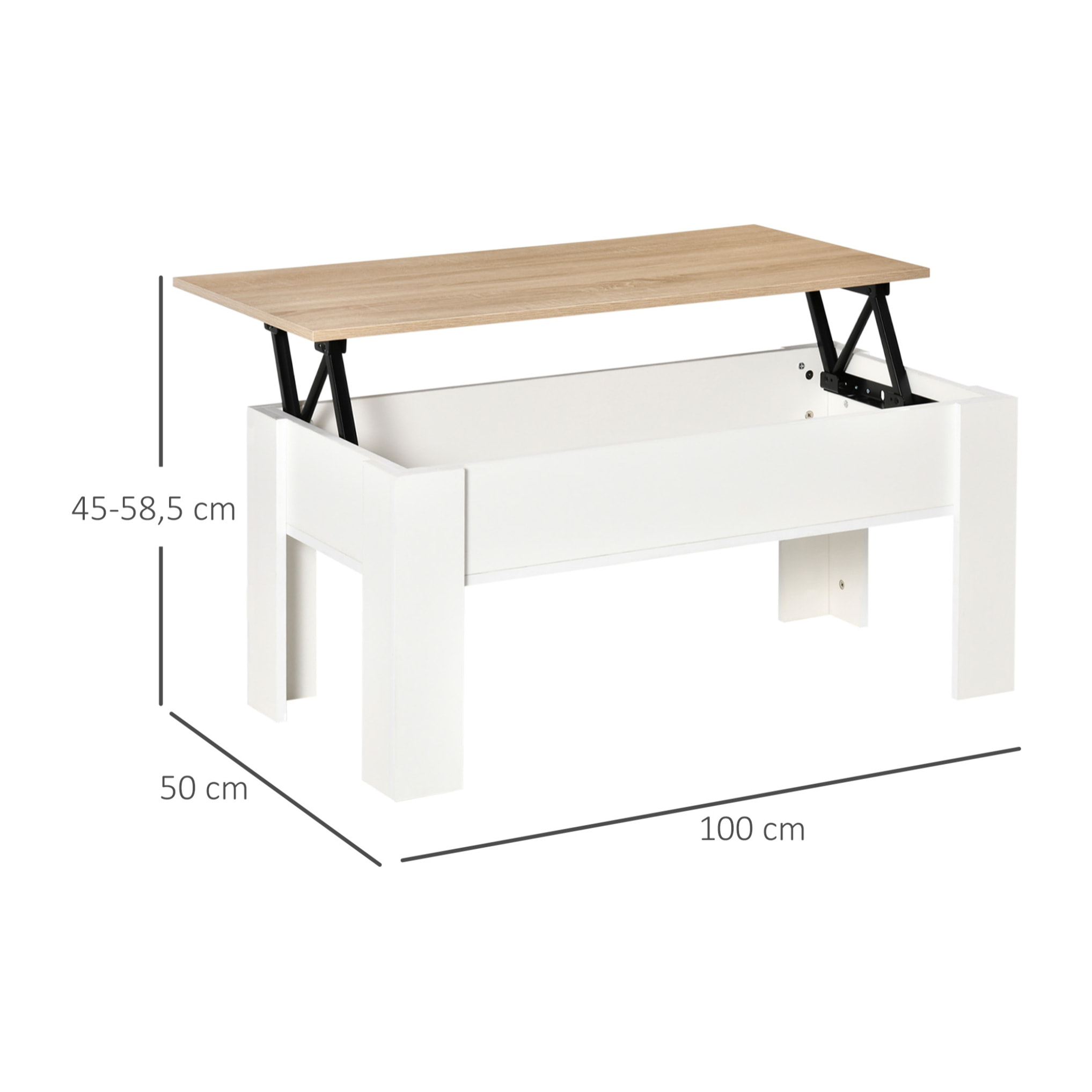 Mesa de Centro Elevable Mesa de Café con Encimera Elevable Espacio Oculto de Almacenaje 100x50x45-58,5 cm Blanco y Natural