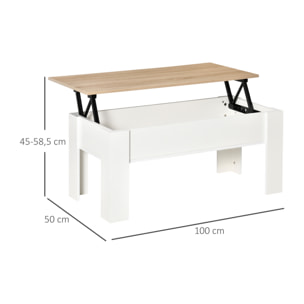 Mesa de Centro Elevable Mesa de Café con Encimera Elevable Espacio Oculto de Almacenaje 100x50x45-58,5 cm Blanco y Natural