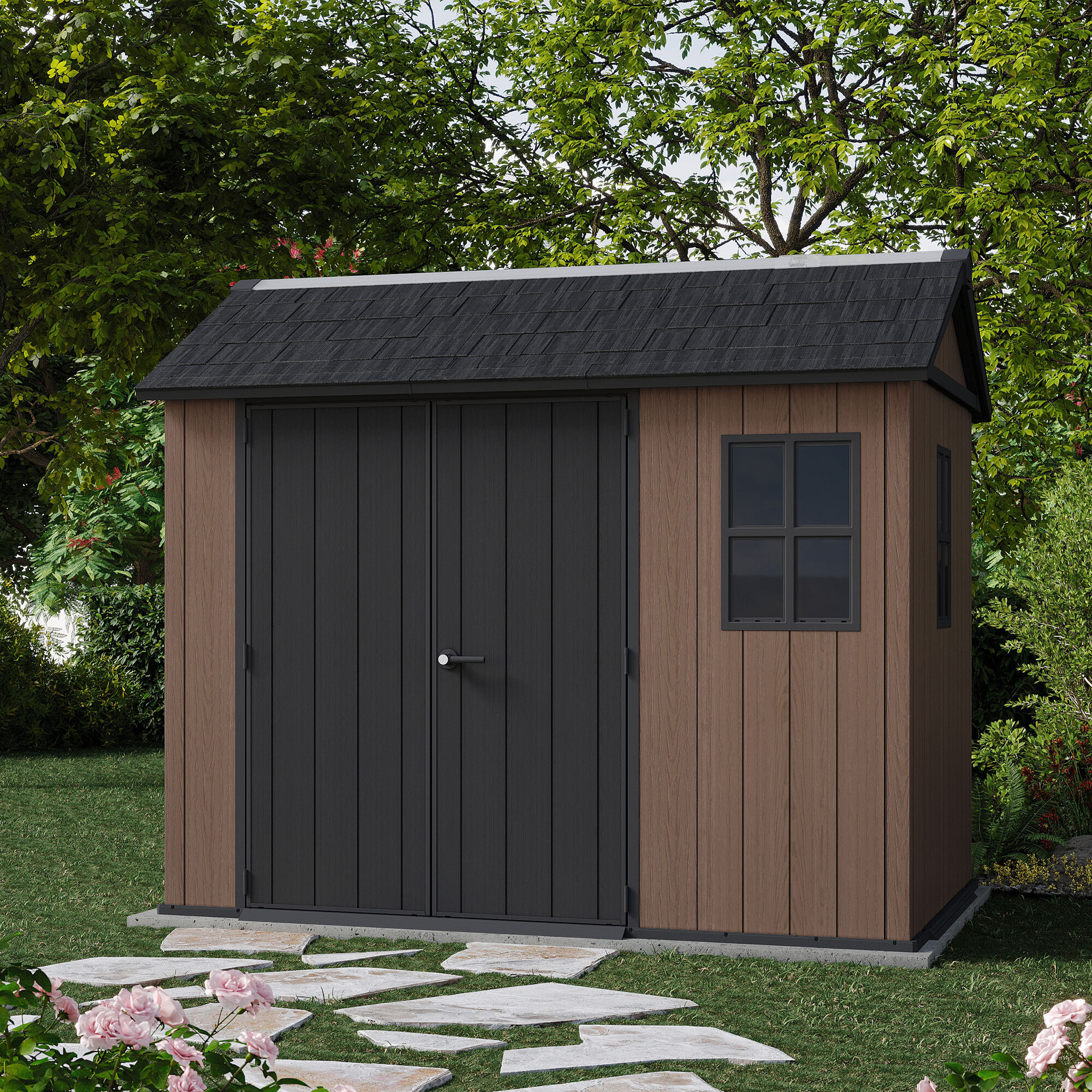Newton + 759/975 - Casetta da Giardino 287x246z230 cm 2 Ante per deposito attrezzi finitura effetto legno Evotech+ in Resina Marrone e Nero