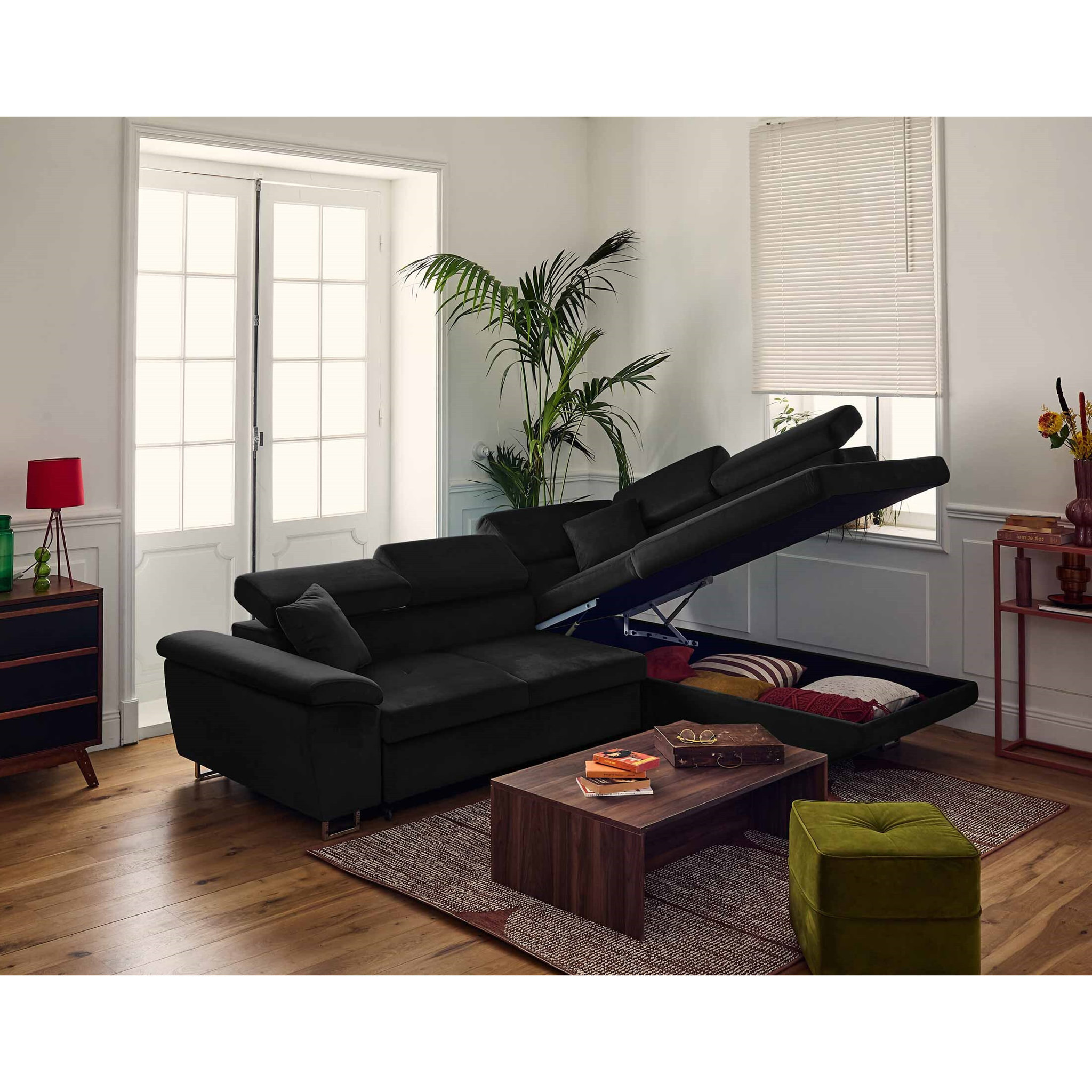 Dimas - canapé d'angle droit 5 places - convertible avec coffre et têtières réglables - en velours - Noir