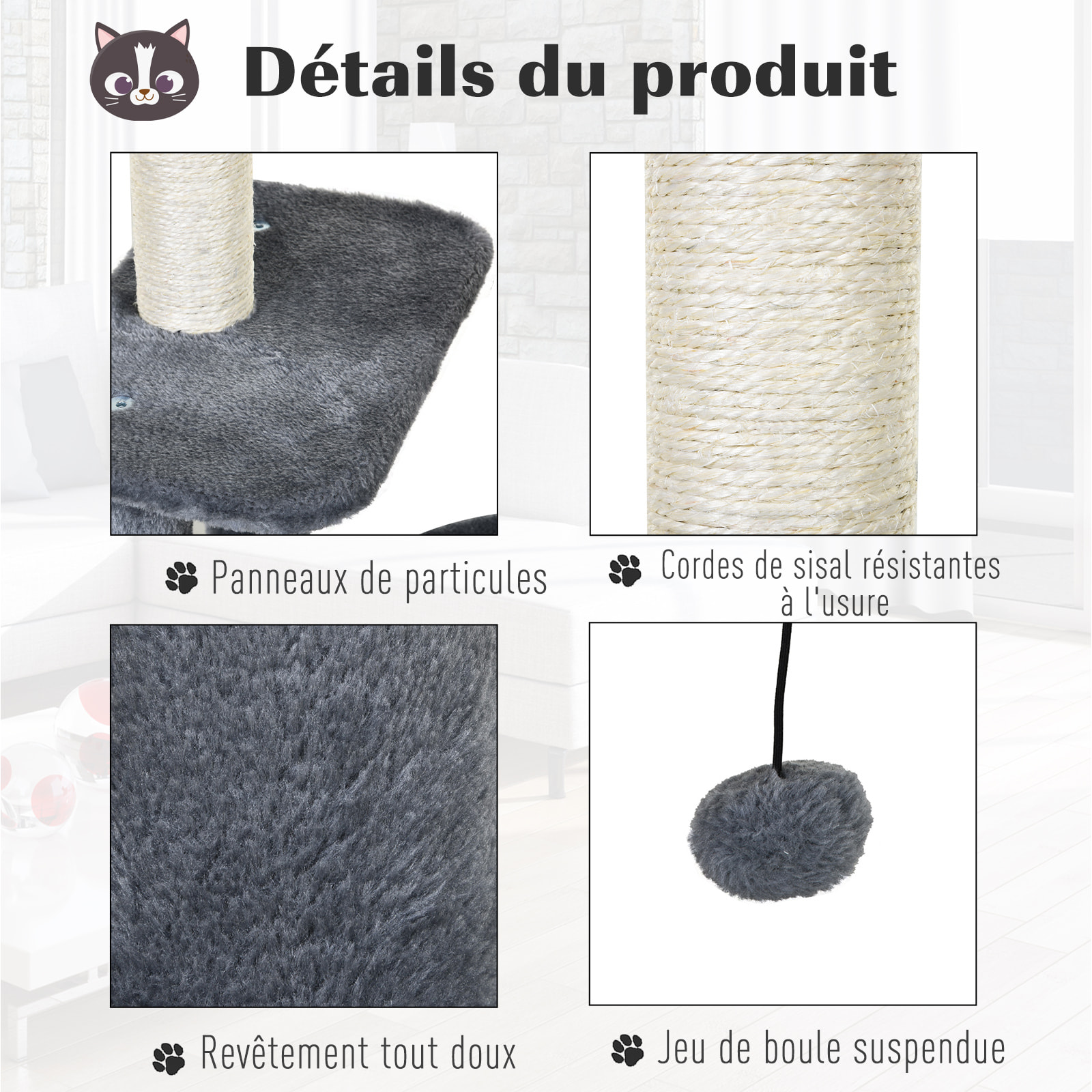 Arbre à chats avec griffoirs grattoirs sisal naturel centre d'activités niche plateformes 2 jouets suspendus gris