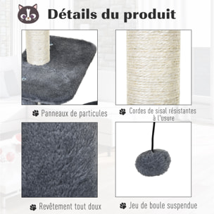 Arbre à chats avec griffoirs grattoirs sisal naturel centre d'activités niche plateformes 2 jouets suspendus gris