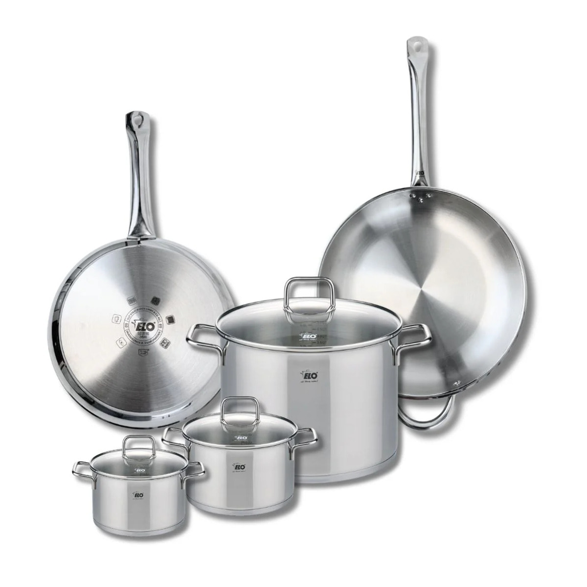 Ensemble de 2 Poêles de cuisson 28 et 32 cm et 3 faitouts 14, 16 et 26 cm Elo Profi Citrin