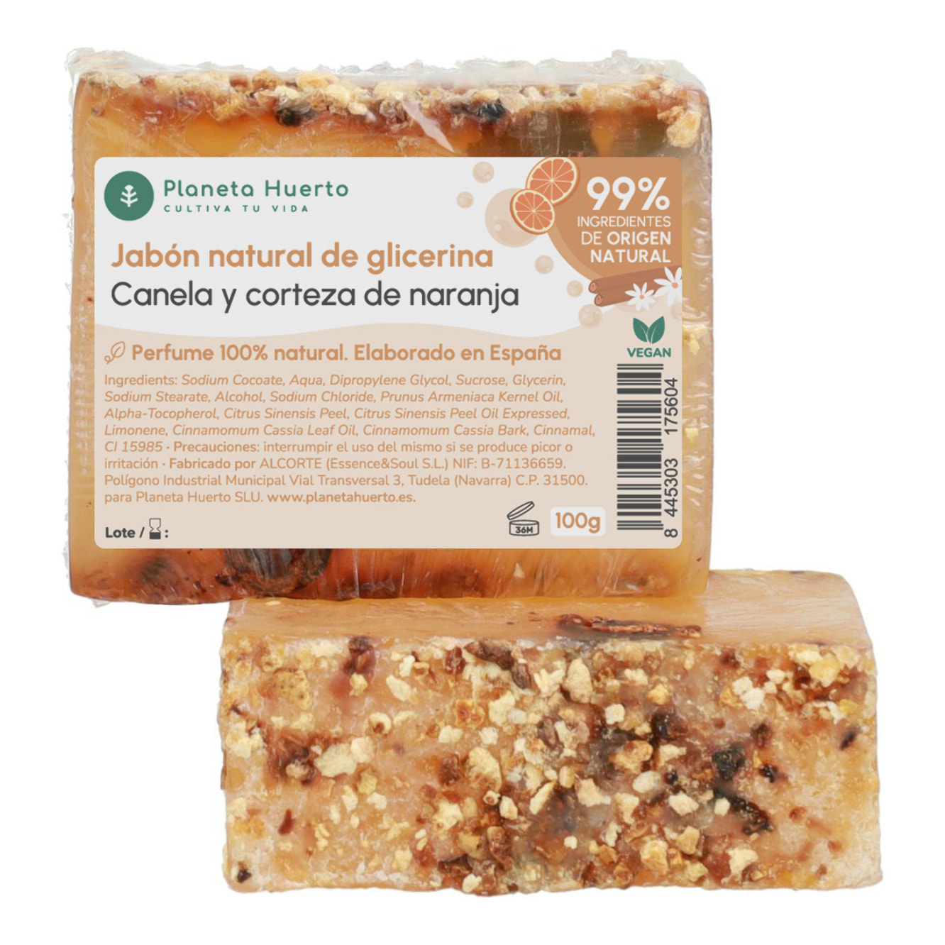 PLANETA HUERTO | Jabón Natural de Glicerina con Canela y Corteza de Naranja 100 g | Revitalizante y Tonificante | Aroma Cálido