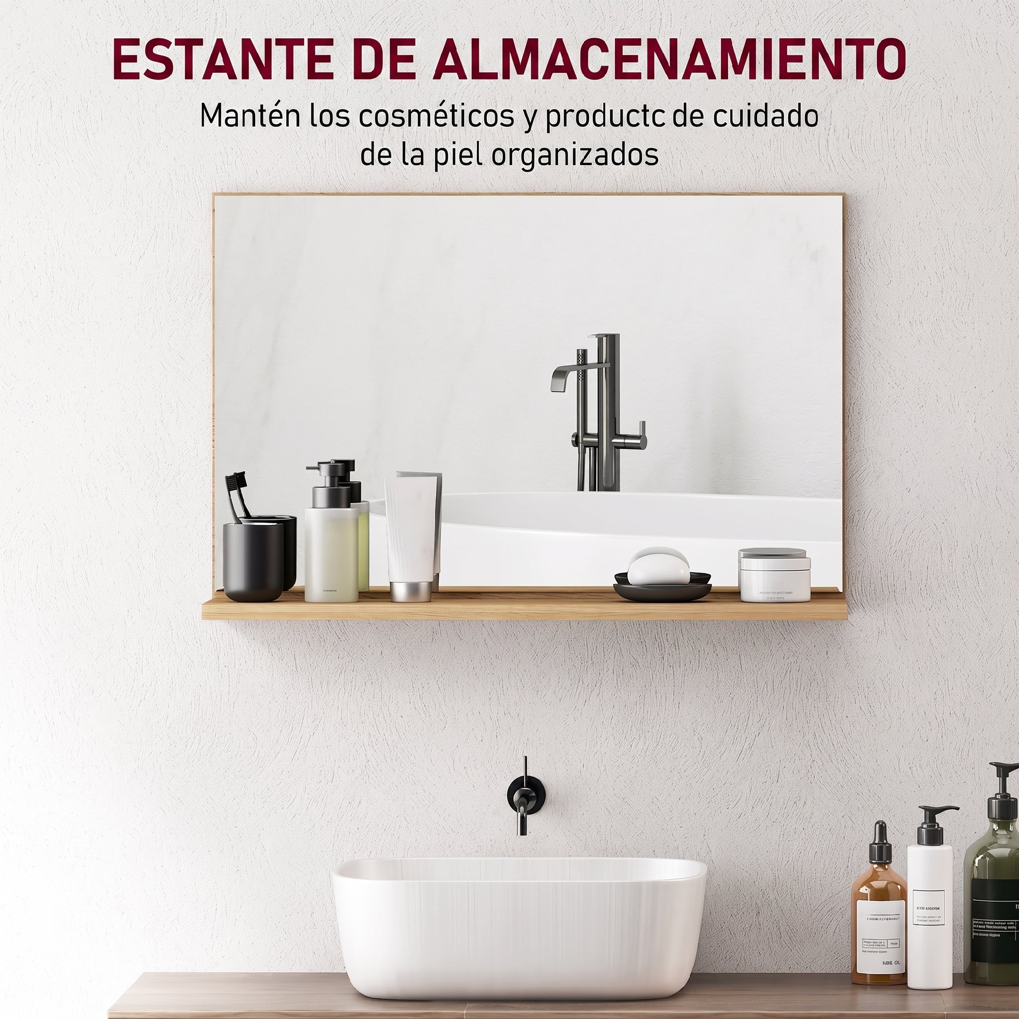 Espejo de Baño con Estante Abierto, Espejo de Pared, Estilo Moderno, para Entrada, Pasillo, 60x12x40 cm, Madera Natural