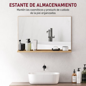 Espejo de Baño con Estante Abierto, Espejo de Pared, Estilo Moderno, para Entrada, Pasillo, 60x12x40 cm, Madera Natural
