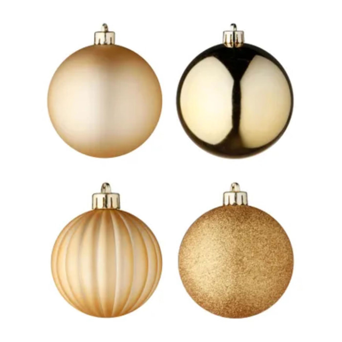 set de 100 bolas de navidad color dorado en tubo pet con diferentes diseños y acabados