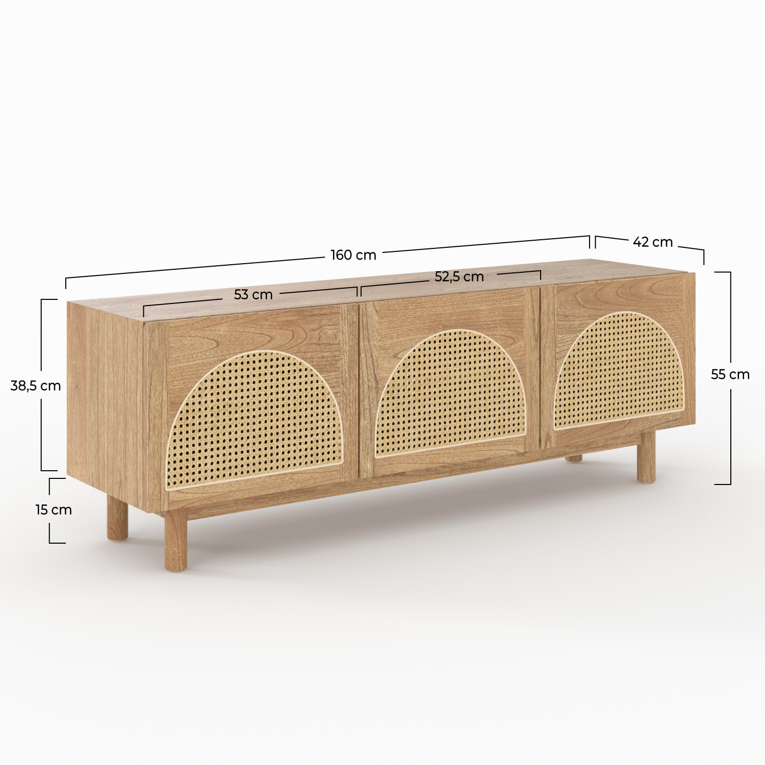 Meuble TV en bois massif de mindi et rotin 160 cm - Delya