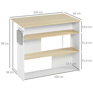 Ilot de cuisine table de bar - 3 étagères, porte-couteaux acier inox. - blanc aspect chêne clair