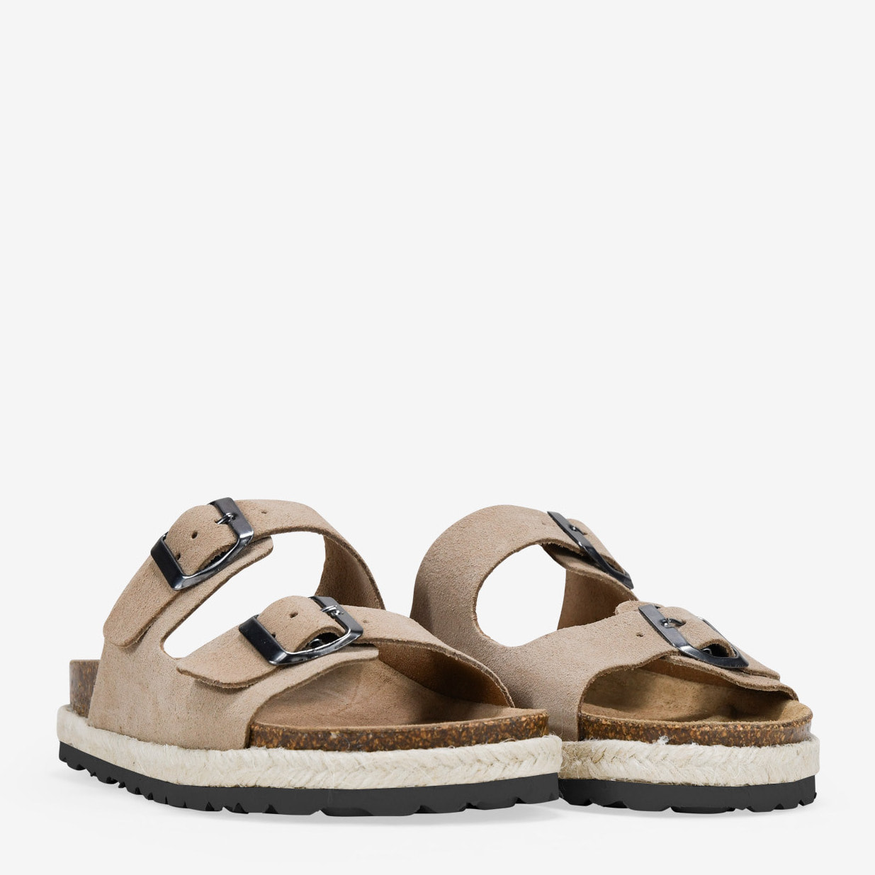 Sandalias planas serraje piel taupe con suela de corcho