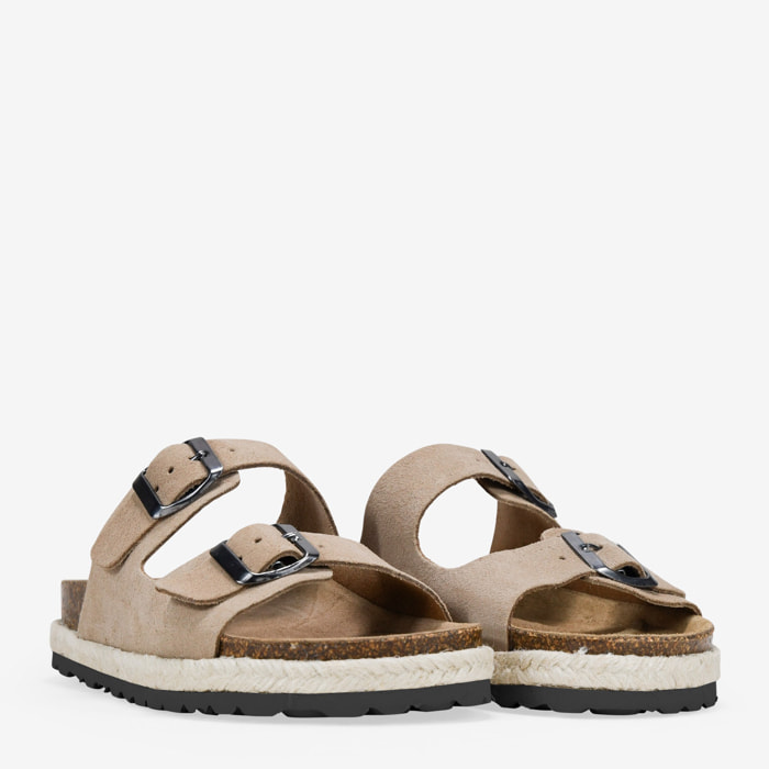 Sandalias planas serraje piel taupe con suela de corcho