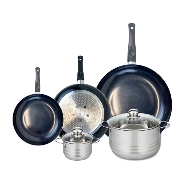 Ensemble de 3 Poêles de cuisson 20, 24 et 32 cm et 2 faitouts 12 et 20 cm Elo Prima Brillant