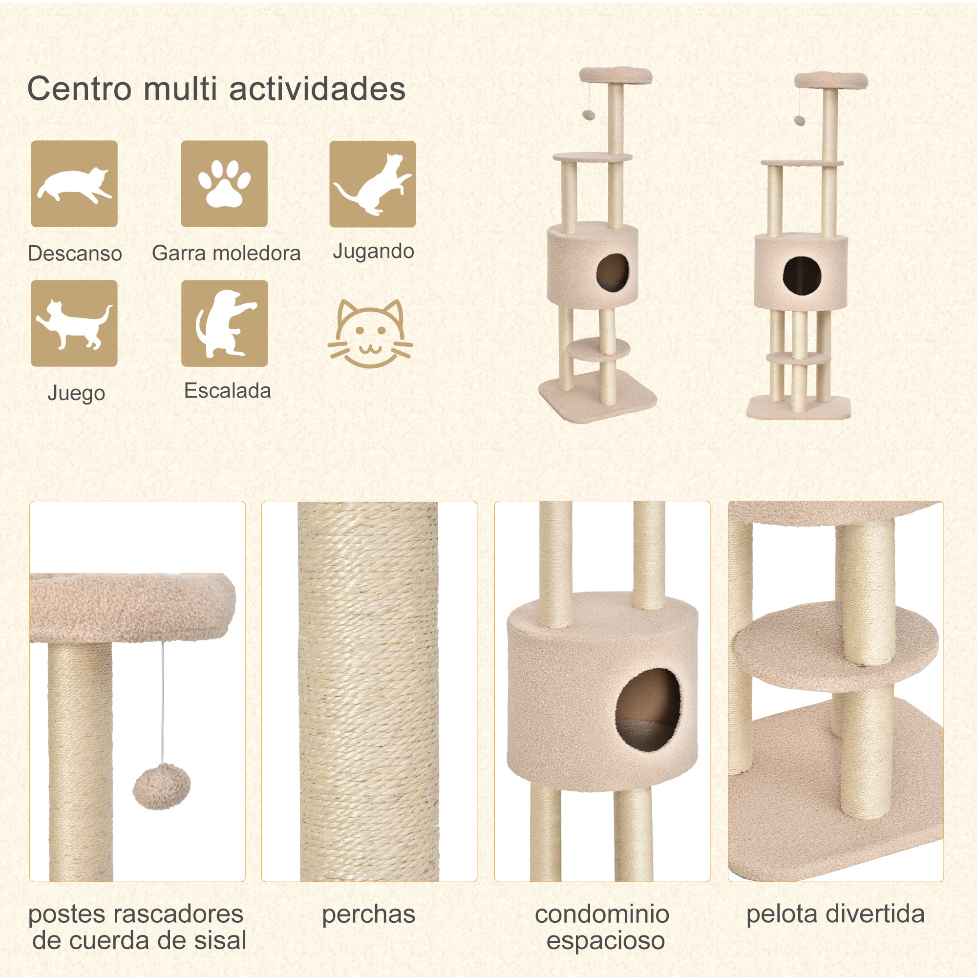 árbol Rascador para Gatos Altura 148 cm árbol para Gatos Torre para Gatos con Postes de Sisal 3 Plataformas Casita y Bola Colgante Beige
