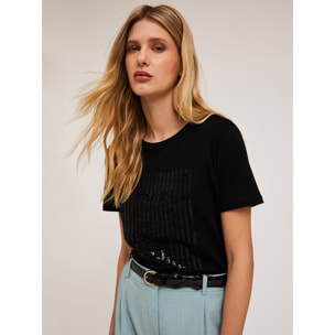 Motivi - Camiseta con lentejuelas y letras bordadas - Negro